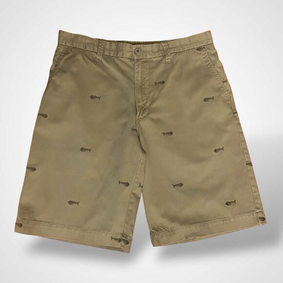 Old Navy Surplus Co Men's Shorts Size 32 Brown Cotton Embroidered Fish Skeleton - Picture 2 of 8